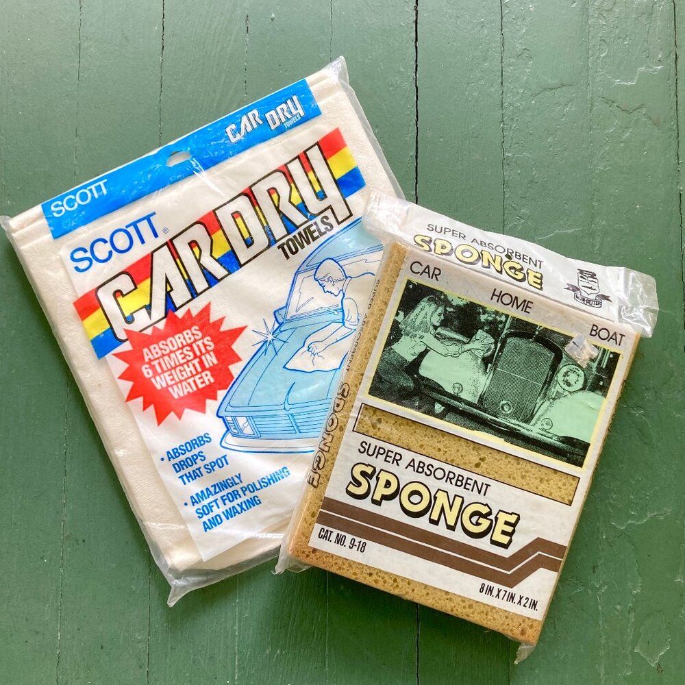 2 Vintage packages of Car Cleaning Towels and Large Sponge, NOS